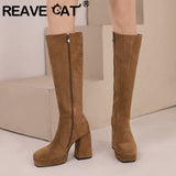 cold weather outfits Amfeov Women Knee High Boots Flock Suede Round Toe Block Heels 9cm Platform 2cm Slip On 45 46 47 Concise Daily Female Booties