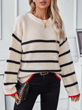 christmas outfit Amfeov Long Sleeves Loose Contrast Color Split-Joint Striped Round-Neck Pullovers Sweater Tops