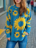 christmas outfit Amfeov Long Sleeves Loose Contrast Color Knitted Flower Split-Joint Round-Neck Pullovers Sweater Tops