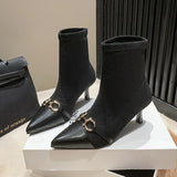 Amfeov New Winter British Boots Matal Buckle Pointed Toes Cat Heel Design Soft Leather Booties Stiletto Women Sexy Fashion Thin Boot