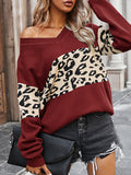 christmas outfit Amfeov Long Sleeves Loose Leopard Split-Joint V-Neck Pullovers Sweater Tops