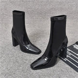 Amfeov Brand Women Shoes 2024 New Black Patent Leather Fashion Square Toe Women's Boots Comfor Thick Heel Ladies High Heel Ankle Boots