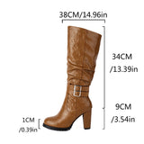 cold weather outfits Amfeov Women Knee High Boots Round Toe Block Heels 9cm Buckles 34cm High 49 48 Vintage Riding Booties