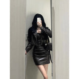 cold weather outfits Amfeov 2024 Autumn New Women's Cropped Leather Jacket Tank Dress Slimming Bodycon Skirt Trendy Fashionable Female Dress Set