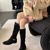 Amfeov New Fashion Low Heel Knee High Rider Boots Women's Shoes Retro Cow Suede Buckle Over Knee Large Size Boots Zapatos De Mujer