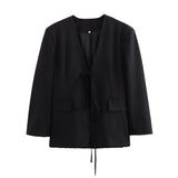 cold weather outfits Amfeov Women's new suit jacket with Chinese style bow tie decoration V-neck loose casual long sleeved top