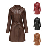 cold weather outfits Amfeov New Fashionable Medium-length Genuine Leather Coat Belt Long Sleeve For Spring Autumn Women's Leather Jacket 6652