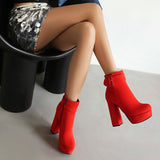 cold weather outfits Amfeov Sexy Women Ankle Boots Round Toe Block Heels 12cm Platform Flock Suede Size 45 46 Party Bota