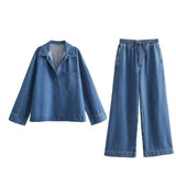 cold weather outfits Amfeov 2024 Spring Summer Casual Denim Women Suits Fashion Vintage Turn-down Collar Pocket Shirts+Chic Drawstring Wide Leg Pants