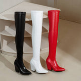 cold weather outfits Amfeov Thigh Boots 60cm Shaft Pointed Toe Block Heel 9.5cm Stretchy Booties Sexy Party Big Size 47 48