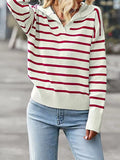 christmas outfit Amfeov Long Sleeves Loose Split-Joint Striped Lapel Sweater Tops