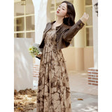 cold weather outfits Amfeov Coffee Color Leather Jacket And Printed Maxi Dress 2-Piece Set Women's Fashionable Spring Autumn Long Dress Suit