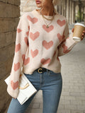 christmas outfit Amfeov Long Sleeves Loose Heart Print Jacquard Split-Joint Round-Neck Pullovers Sweater Tops