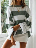 christmas outfit Amfeov Long Sleeves Loose Contrast Color Striped Round-Neck Pullovers Sweater Tops