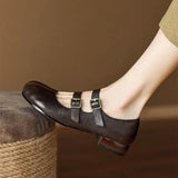 Amfeov 2024 Hot Selling Solid Color Autumn Metal Buckle Round Toe Gradient Color Slip-on Mary Jane Flat Shoes Retro British Style Shoes