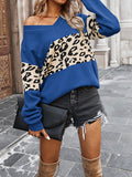 christmas outfit Amfeov Long Sleeves Loose Leopard Split-Joint V-Neck Pullovers Sweater Tops