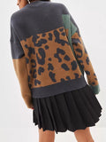 christmas outfit Amfeov Long Sleeves Loose Contrast Color Leopard Split-Joint Round-Neck Pullovers Sweater Tops