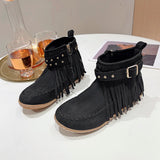 Amfeov Vintage Women Boots Suede Ankle Boots Fringe Women Shoes Winter Boots Women Side Zipper Casual Shoes Round Toe Ladies Snow Boot