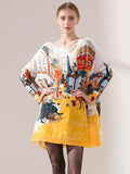 christmas outfit Amfeov Original Loose Cartoon Printed Round-Neck Long Sleeves Sweater Dress