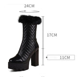 cold weather outfits Amfeov Women Knight Boots Round Toe Block Heels 11cm Platform Hill Fur Mid Calf Bota Size 47 48