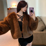 cold weather outfits Amfeov Plus Size Winter Korean Style Leather Alternative Eco-Friendly Plush Jacket High-End Thickened Cropped Overcoat For Plus Size