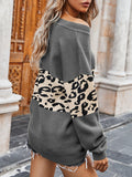 christmas outfit Amfeov Long Sleeves Loose Leopard Split-Joint V-Neck Pullovers Sweater Tops