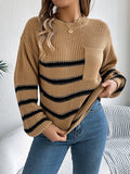 christmas outfit Amfeov Long Sleeves Loose Contrast Color Pockets Split-Joint Round-Neck Pullovers Sweater Tops