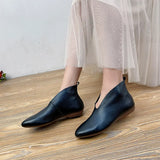 Amfeov Retro Flat Heel Ankle Boots For Women Loafers Slip On Short Boots Luxury Genuine Leather Pointed Toe Casual Lazy Shoes