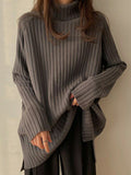 christmas outfit Amfeov Casual Long Sleeves Loose Split-Side Solid Color High-Neck Sweater Tops