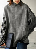 christmas outfit Amfeov Long Sleeves Loose Houndstooth Plaid High Neck Pullovers Sweater Tops