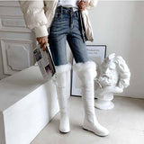 cold weather outfits Amfeov Womans Thigh Boots Snow Shoes Thick Heels Slip On Big Size 42 43 Plush Furry Waterproof Booty Concise