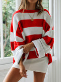 christmas outfit Amfeov Long Sleeves Loose Contrast Color Striped Round-Neck Pullovers Sweater Tops