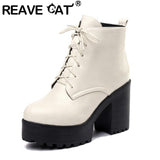 cold weather outfits Amfeov 2024 Women Ankle Boots Round Toe 9cm Block Heels Lace-Up 3.5cm Platform Big Size 33-44 A3396