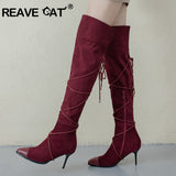 cold weather outfits Amfeov REAVECAT Motorcycle Boots Pointed toe Thin heels Flock Cross-tied Big size 34-48 Club Party A3104