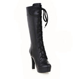 cold weather outfits Amfeov British Ladies Knee High Boots Round Toe Lace Up 12CM Platforms Spike Heels Shoes Size 31-45 White A4206