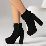 cold weather outfits Amfeov Sexy Women Ankle Boots Round Toe Block Heels 12cm Platform Flock Suede Size 45 46 Party Bota