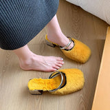 Amfeov Comfortable Soft Fur Mules Slippers Women Autumn Winter Square Heels Warm Plush Slippers Woman High Heel Faux Fur Slides