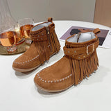 Amfeov Vintage Women Boots Suede Ankle Boots Fringe Women Shoes Winter Boots Women Side Zipper Casual Shoes Round Toe Ladies Snow Boot