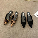 Amfeov Women Slippers Pointed Toe Leopard Design Shallow Slip on Thin Low Heels Black Flock Design Casual Mules Loafers Black Outdoor