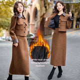 cold weather outfits Amfeov Fashionable Casual Suit Autumn/Winter New PU Leather Patchwork Tweed Style Down Jacket Half Skirt 2-Piece Set Skirt YJ6816