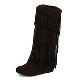 cold weather outfits Amfeov Women Mid Calf Boots Round Toe Increased Heel Fringe Flock Suede 46 47 48 Slip On Fashion Dating Bota