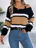 christmas outfit Amfeov Long Sleeves Loose Asymmetric Contrast Color Split-Joint Striped Cold Shoulder Sweater Tops