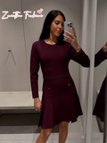 christmas outfit Amfeov Burgundy Elegant Women's Pleated Hem Knitted Mini Dress Fashion O-neck Full Sleeve Slim Vestidos 2025 Female Chic Spring Dresses