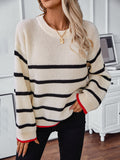 christmas outfit Amfeov Long Sleeves Loose Contrast Color Split-Joint Striped Round-Neck Pullovers Sweater Tops