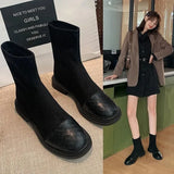 Amfeov weaved leather ankle boots women retro low heel stretch sock booties female flock patchwork winter chelsea botas mujer 2024