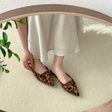 Amfeov Women Slippers Pointed Toe Leopard Design Shallow Slip on Thin Low Heels Black Flock Design Casual Mules Loafers Black Outdoor