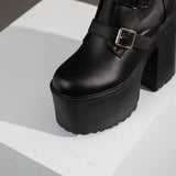 cold weather outfits Amfeov Boots Women Knee-high Booties Round Toe Platform Hill 8cm Chunky Heel 14cm Belt Buckles Big Size 43