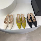 Amfeov Pointed Toe Women Slippers Mixed Solor Color Flat Heels Shallow Slip On Casual Slides Mules Shoes Black Beige Green Slippers