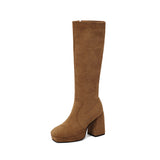 cold weather outfits Amfeov Women Knee High Boots Flock Suede Round Toe Block Heels 9cm Platform 2cm Slip On 45 46 47 Concise Daily Female Booties