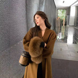 cold weather outfits Amfeov 2024 New Women's Double-Sided Wool Coat Fox Fur Medium-Length Hooded Leather Jacket V-Neck Autumn/Winter